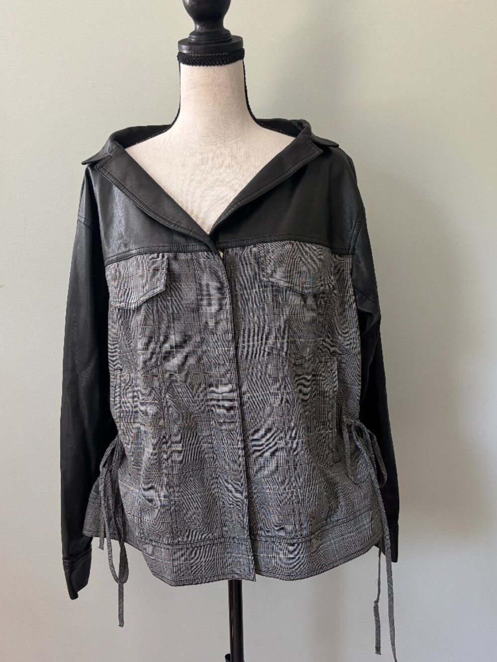 ADEAM Oversized Ruched Jacket — Grey Plaid with Faux Leather, size L Like New